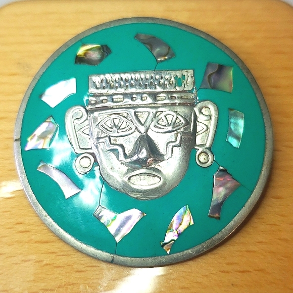 Mexican Light Teal Enameled Vintage Brooch w/ Inlaid Abalone Shell, Alpaca - Picture 2 of 3